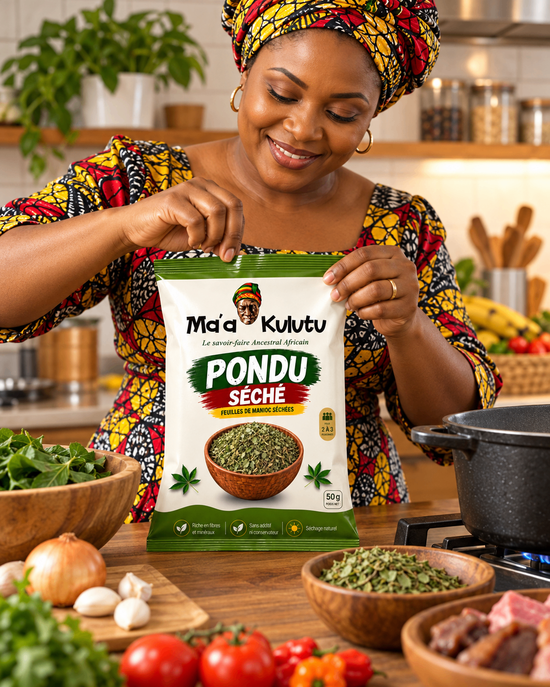 Une femme prépare le Pondu Ma’a Kulutu dans sa cuisine